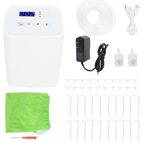 Programmateur d'arrosage automatique double pompe pour 20 pots, contrôleur intelligent avec minuterie, alimentation USB/secteur/piles, kit complet tuyaux et goutteurs (1/5)