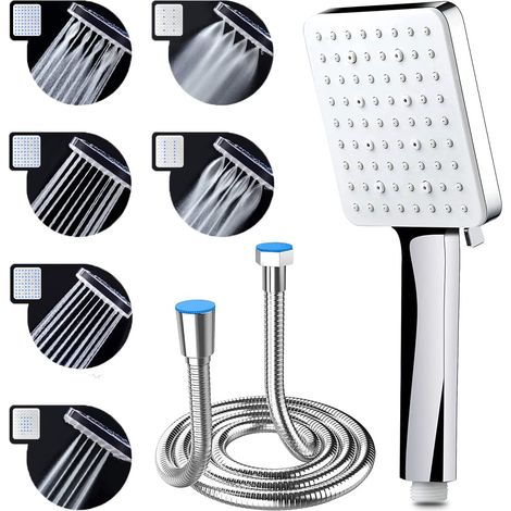 Pommeau de Douche Haute Pression avec Tuyau de 1,5 m Pommeau Douche Economie Deau avec 6 Modes de Douche Réglable Universelle Grande Douchette Douche, Carrée Chromés (1/5)