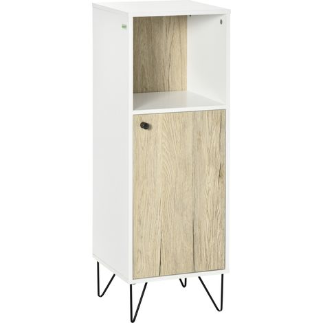 Mobile Bagno con Ripiano Aperto e Armadietto con Anta, Mobiletto Multiuso Salvaspazio in Legno, 31.5x30x91cm, Quercia e Bianco