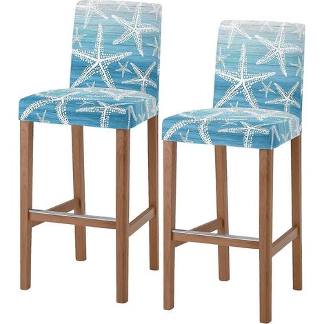 Housses de tabouret de bar style bord de mer avec dossier motif coquillage rétro fond bleu, extensibles lavables amovibles, lot de 2 (bleu blanc gris) (1/5)