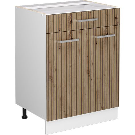 Mueble bajo de cocina R-Line, Roble artesanal, 60 cm con cajón, sin encimera, Vicco