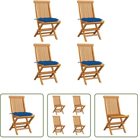 Teakholz -  Gartenstühle mit Blauen Kissen 4 Stk. Massivholz Teak (1/5)