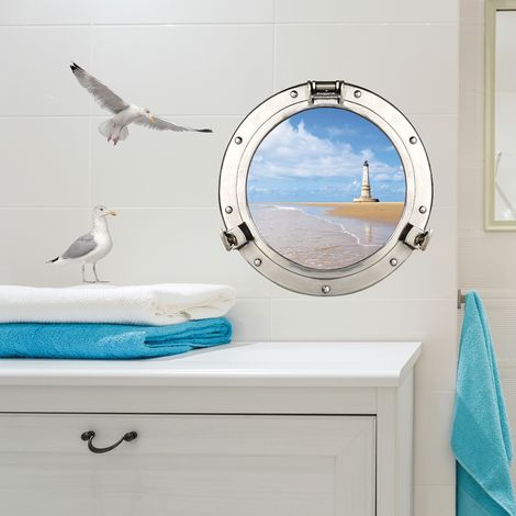Sticker décoratif 3D Hublot trompe l'oeil, 68x48cm, vu sur le bord de mer avec phare blanc pour fenêtre. (1/2)