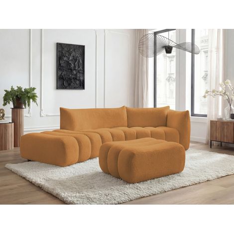 BOBOCHIC - Canapé incurvé fixe 4 places AZRA tissu bouclette avec pouf Angle droit Jaune (1/4)