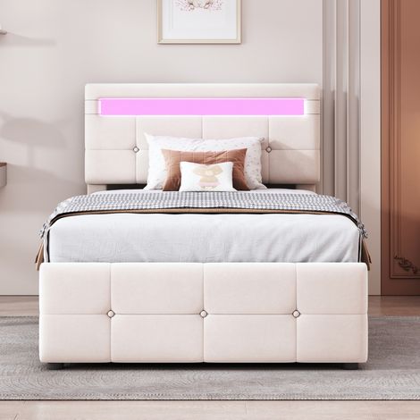 Letto imbottito 90x200 cm beige in velluto con LED e contenitore idraulico (1/5)