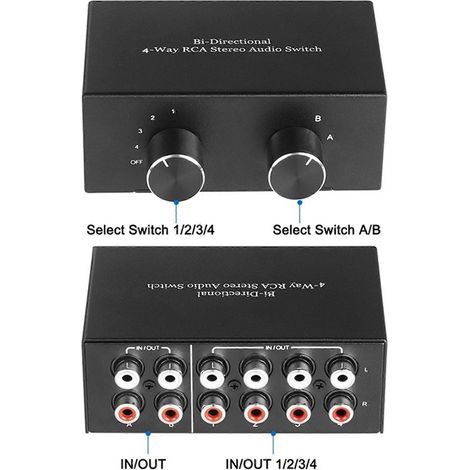 Commutateur audio stéréo RCA bidirectionnel à 4 voies. sélecteur de canaux audio gauche/droite. 2 entrées/4 sorties ou 4 entrées/2 sorties. (1/5)