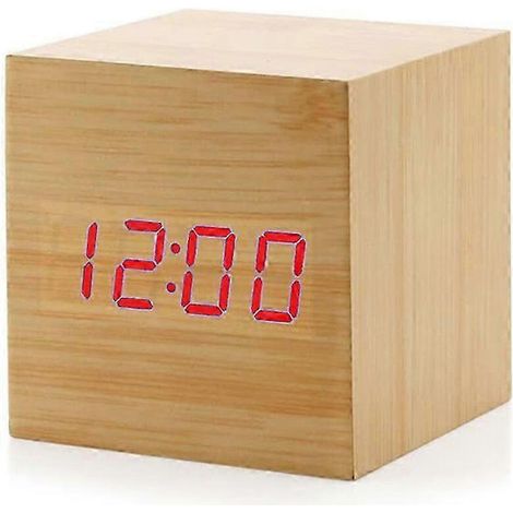 Réveil numérique, mini réveil de bureau cubique moderne, éclairage LED en bois, affiche l'heure et la température 25-26 degrés Celsius. (1/5)