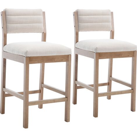 Wahson Office Chairs – Lot de 2 tabourets de bar en bois vintage – Chaise haute avec dossier – Coussins en lin confortables – Hauteur 95cm, assise 67cm, beige (1/5)