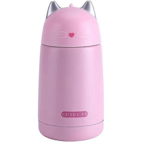 Mug isotherme 330 ml en forme de chat, pour eau, café et autres boissons chaudes, en acier inoxydable, rose, idéal pour les voyages et le sport. (1/2)