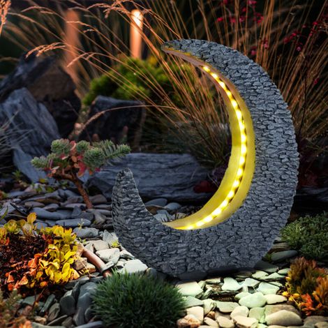 Lampe solaire décorative en pierre croissant de lune gris or – 25 LED blanc chaud – IP44 – Dimensions LxH 28 x 31 cm – Autonomie 6-8 heures (1/5)