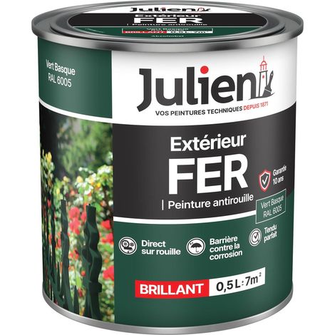 Julien Peinture Fer Anti-Rouille Brillant - Portes, grilles, portails, mobilier de jardin en métal - Vert Basque 0,5 L