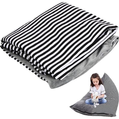 Sac de rangement pour peluches, pouf souple, housse de siège pliable pour chaise/canapé, grande capacité, gris (sac uniquement), motif rayé. (1/5)