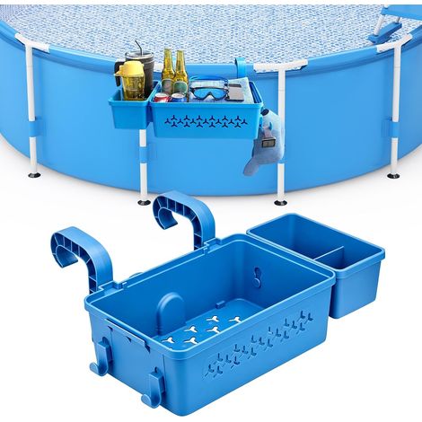Panier de Rangement pour Piscine, Panier Gonflable pour Piscine, avec Porte-gobelets et Crochets, Adapté aux Piscines Hors-Sol, Accessoire pour Ranger Crème Solaire et Serviettes (Bleu) (1/5)