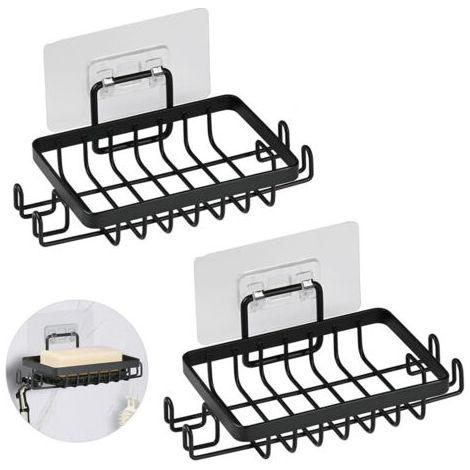 Pièces INOX Porte Savon Douche sans Perçage, Auto-Adhésif Porte Savon Mural avec Crochets et Économiseur de Savon, Support Savon Mural pour Salle de Bain et Cuisine (Noir) (1/5)