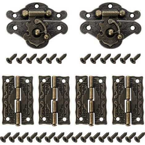 Set di 2 serrature antiche vintage, chiusure decorative a forma di scatola con 4 cerniere e 28 viti per armadi, guardaroba e scatole decorative.