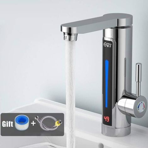 220 V Mischbatterie Durchlauferhitzer Durchlauferhitzer mit buntem LED-Edelstahl-Heizrohr und Echtzeit-Temperaturanzeige für Waschbecken (Silber) (1/5)