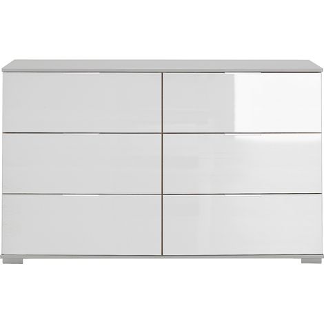 Schlafzimmer Kommode mit 6 Schubladen in weiß mit weißem Glas ELSTRA-43, B/H/T ca. 130/83/41 cm
