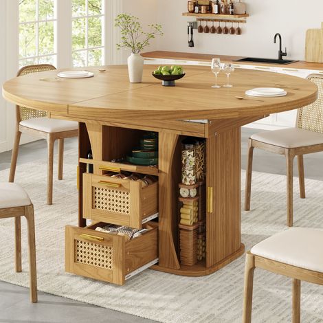 Table de salle à manger extensible avec rangement, 118–158 cm, tiroirs en rotin, aspect bois MDF, noir/bois naturel/marron (1/4)