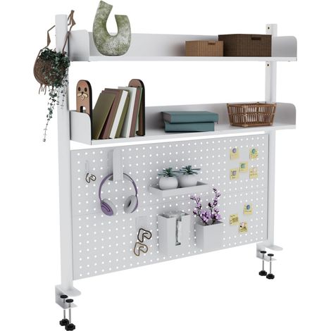Étagère de Bureau clamp-on à 2 Niveaux, Blanc de 100 cm, bibliothèque avec Panneau perforé, Organisateur de Rangement de comptoir pour la Maison, Le Bureau ou Le dortoir (1/5)