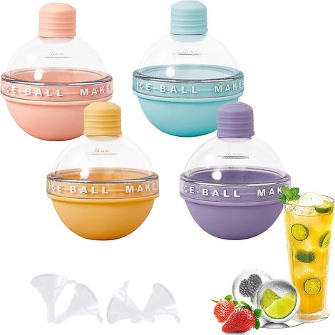 Ensemble de bacs à glaçons ronds sans BPA avec couvercle, entonnoir et moule en silicone de 6 cm - Idéal pour le whisky, les cocktails, le vin et les jus de fruits - Contient 4 pièces (1/5)
