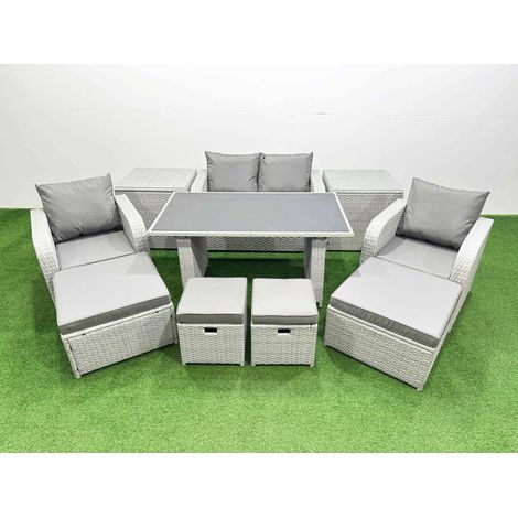Fimous 8 Seater Patio Garden Furniture Sets with Dining Table Love Sofa 2 Side Tables 4 Stools Light Grey (1/4)