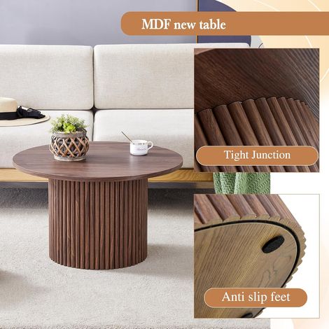 Table basse ronde 70 cm – Design colonne cannelée, structure stable MDF et métal, finition noyer avec motif rainuré – Pour salon contemporain (1/5)
