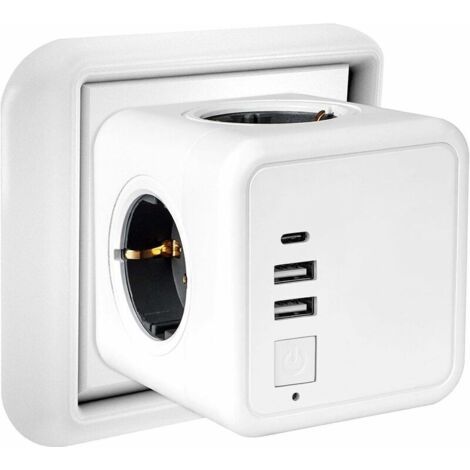 Prise USB Multiple, Multiprise Murale Cube 4 Prises avec 2 USB Secteur, 1 port de type C,7 en 1 Bloc Multiprises USB Secteur avec Interrupteur, Multiprise Electrique Murale USB Chargeur pour Domic (1/4)