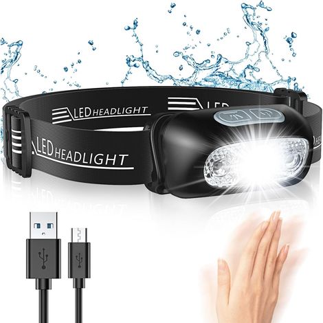 Leistungsstarke LED-Stirnlampe mit Bewegungsmelder, IPX6 wasserdicht, 4 Beleuchtungsmodi, per USB wiederaufladbare professionelle Stirnlampe, Kopflampen-Zubehör zum Angeln, Camping, Laufen, Radfahren 