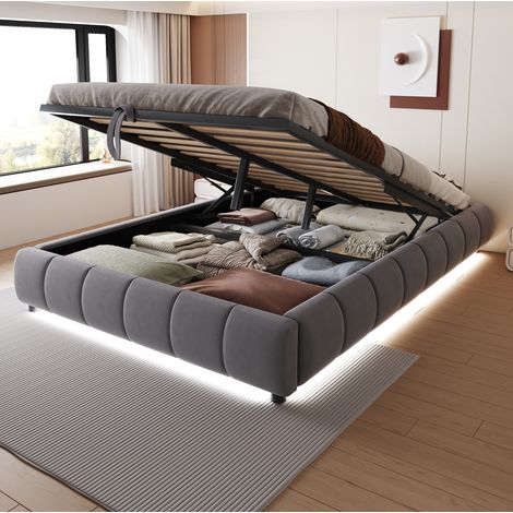 Lit rembourré moderne 140x200 cm en flanelle grise, sans tête de lit, avec coffre hydraulique, LED blanche et sommier à lattes (1/5)