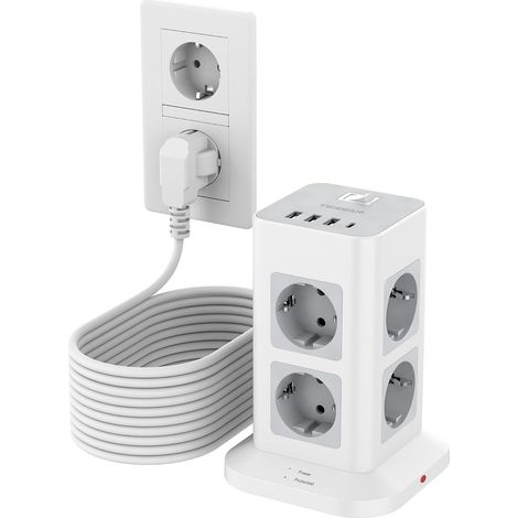 Parafoudre Tour Multiprise avec Interrupteur, Rallonge 10m Prise Multiple Parafoudre et Surtension, 3600W, 8 Prises Secteur, 3 USB-A (1/5)
