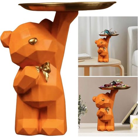Plateau Clé Ours en Résine, Organisateur Porte Clé, Rangement Bijoux, Statue avec Bol, Décoration d'Entrée B-orange (1/5)