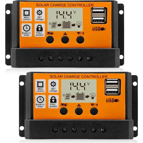 2 régulateurs de charge solaire 30 A 12 V/24 V, contrôleurs de charge solaire, double port USB 5 V/2 A, régulateurs de charge solaire PWM, écran LCD, contrôleurs de panneaux solaires (1/5)