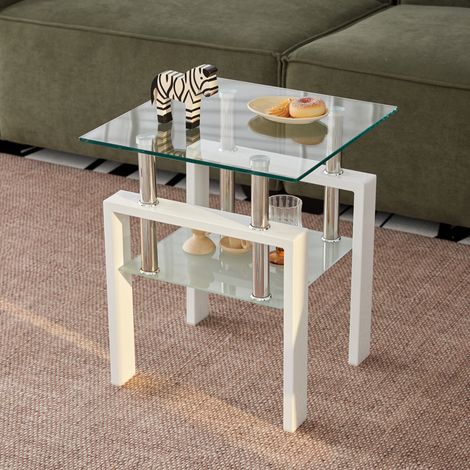 Lot de 2 tables d'appoint en verre trempé blanc, 2 niveaux avec rangement, pour salon et chambre, coloris blanc transparent (1/5)