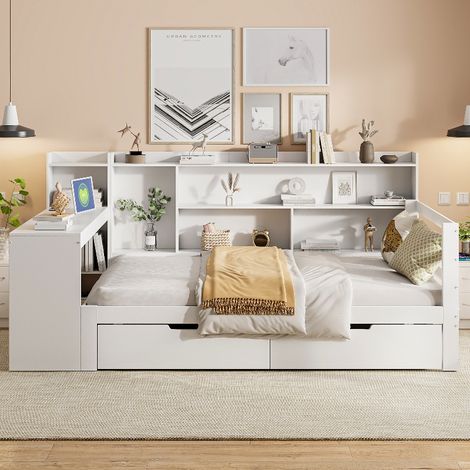 Multifunktionales Schlafsofa 90x200 cm mit Schreibtisch und Stauraum, Massivholz Holzbett mit Schubladen, Regalen und Steckdose, Weiß (1/5)