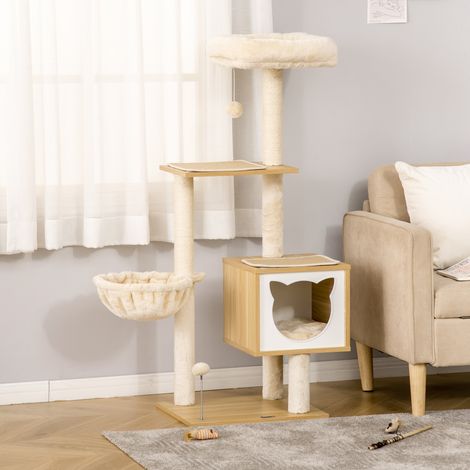 PawHut Katzenbaum mit Kratzstämmen, vielen Funktionen, Höhle, Hängematte, Korb, abnehmbaren Kissen, Höhe 126 cm, Kurzplüsch, Natur-Sisal, Beige