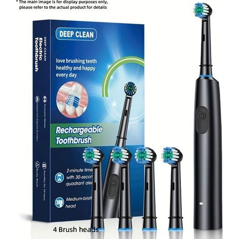 Brosse à dents électrique rotative avec 4 têtes de brosse, plusieurs modes et minuteur intelligent - Noir-AquaForge