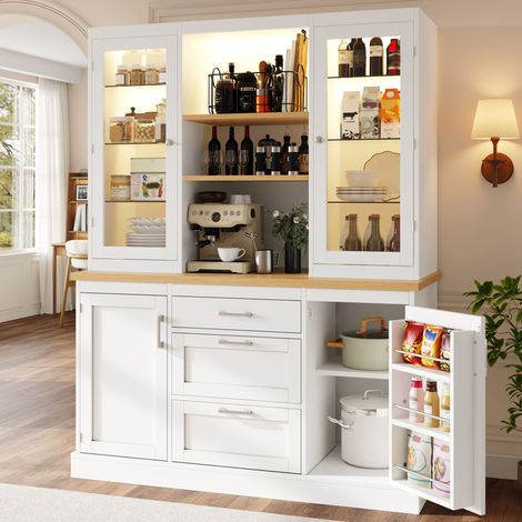 REDOM Aparador de cocina 140x40x185 cm LED RGB controlada por aplicación, 3 cajones, estantes ajustables, MDF blanco (1/5)