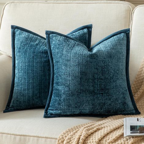 Lot de 2 Housses de Coussin Décoratives Texturées Chenille Taie d'oreiller Uni Accentuelle Housse Douce et Confortable avec Dos en Velours pour Canapé Sofa Lit Salon 45x45 cm Bleu (1/5)