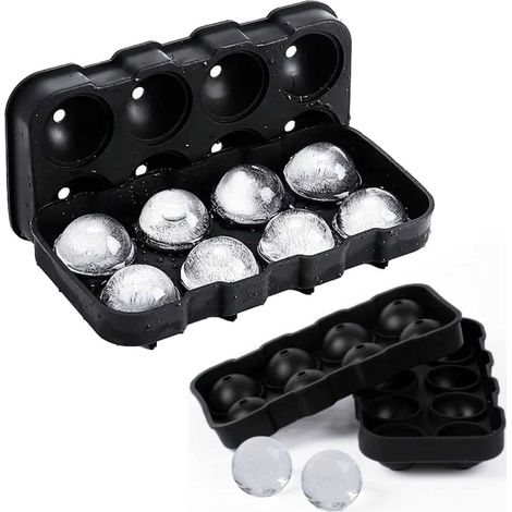 Lot de 2 grands moules à glaçons en silicone noir pour 8 boules de glace (glaçons ronds ou sphériques). (1/5)