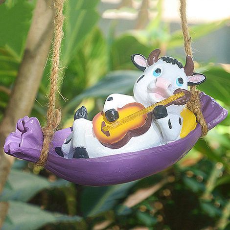 [Figura de jardín] Figura de vaca colgante, escultura de resina con cuerda para colgar en terraza, patio o jardín, 471 g, 18,5 x 11 cm (1/5)