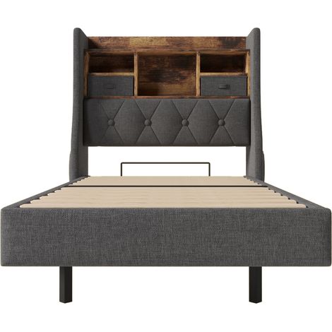 Polsterbett 90x200 cm mit LED, Kopfteil mit Stauraum und USB-C, grau, inkl. Matratze (1/5)