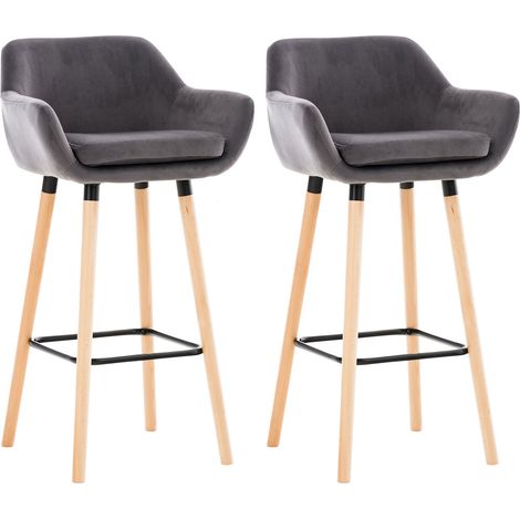 Set di 2 sgabelli da bar in velluto grigio con gambe in legno e poggiapiedi in stile retrò moderno 100000320