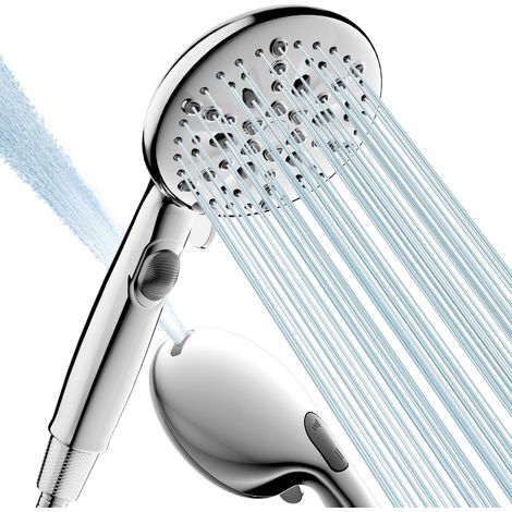 Duschkopf mit Schlauch, wassersparend mit 7 + 2 Strahlarten, Handbrause mit Absperrfunktion, Druckverstärkung mit kraftvollem Strahl für das Badezimmer (Chrom) (1/5)