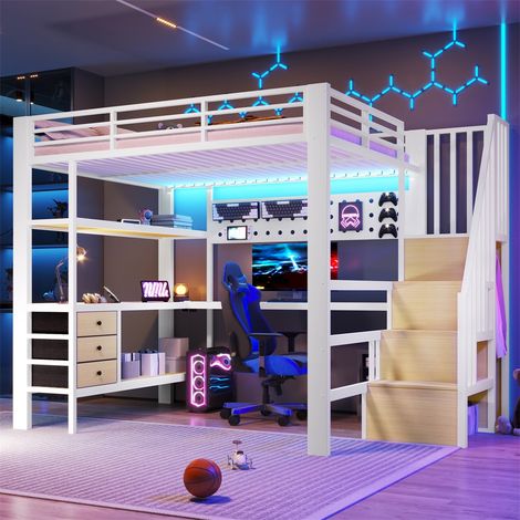 Lit Mezzanine 140x200cm - Lit Enfant en Métal avec Bureau, Escalier de Rangement, Prise USB, LED et Panneau Perforé - Blanc (1/5)