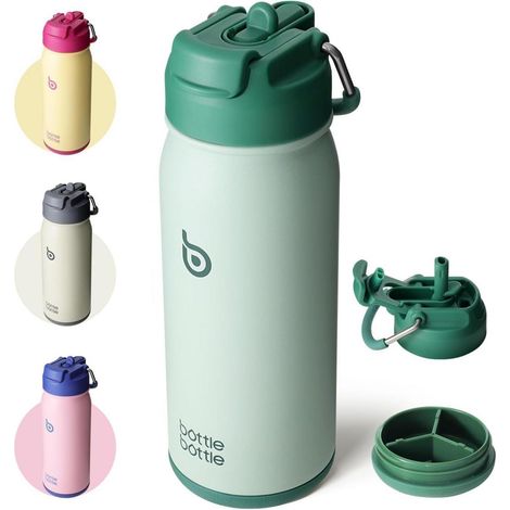 Gourde enfant 473ml inox avec paille, isotherme, sans BPA, compartiment pilules (1/5)