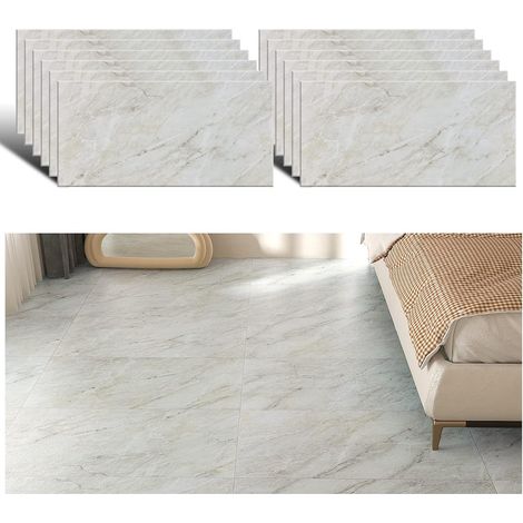 Dalle PVC Adhesive Sol Marbre Beige Autocollant de Sol Cuisine Marbre Gris Auto-adhésif Salle de Bain Imperméable Stickers Carrelage Épaissir 1.5mm 12 Pièces 60 cm x 30 cm (1/5)