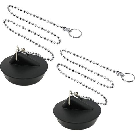Lot de 2 Bouchon de vidange, Diamètre 42-45 mm, Chaîne acier inoxydable 42 cm, Caoutchouc noir, Cuisine Salle de bain (1/5)