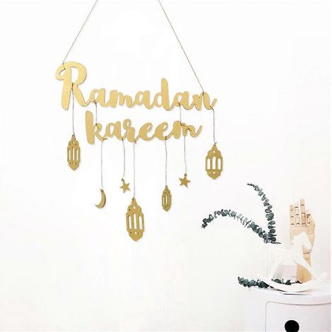 Décoration murale en bois pour l'Aïd et le Ramadan, pendentif lune et étoile Ramadan Kareem, décorations islamiques et musulmanes Mubarak (1/4)