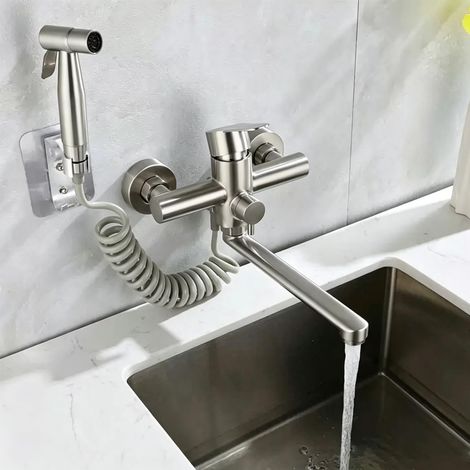 Robinet Mural Cuisine, Mitigeur Cuisine Mural avec Pistolet, Pivotant à 360°, Bras Pivotant 23cm, Eau Chaude et Froide, 2 Types De Jet, Acier Inoxydable Brossé (1/5)