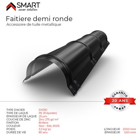 Bravo The Smart Solution – Faîtière demi ronde en bac acier – Longueur 2m – Épaisseur 0.50mm – Coloris noir RAL 9005 pour toiture métallique (1/2)